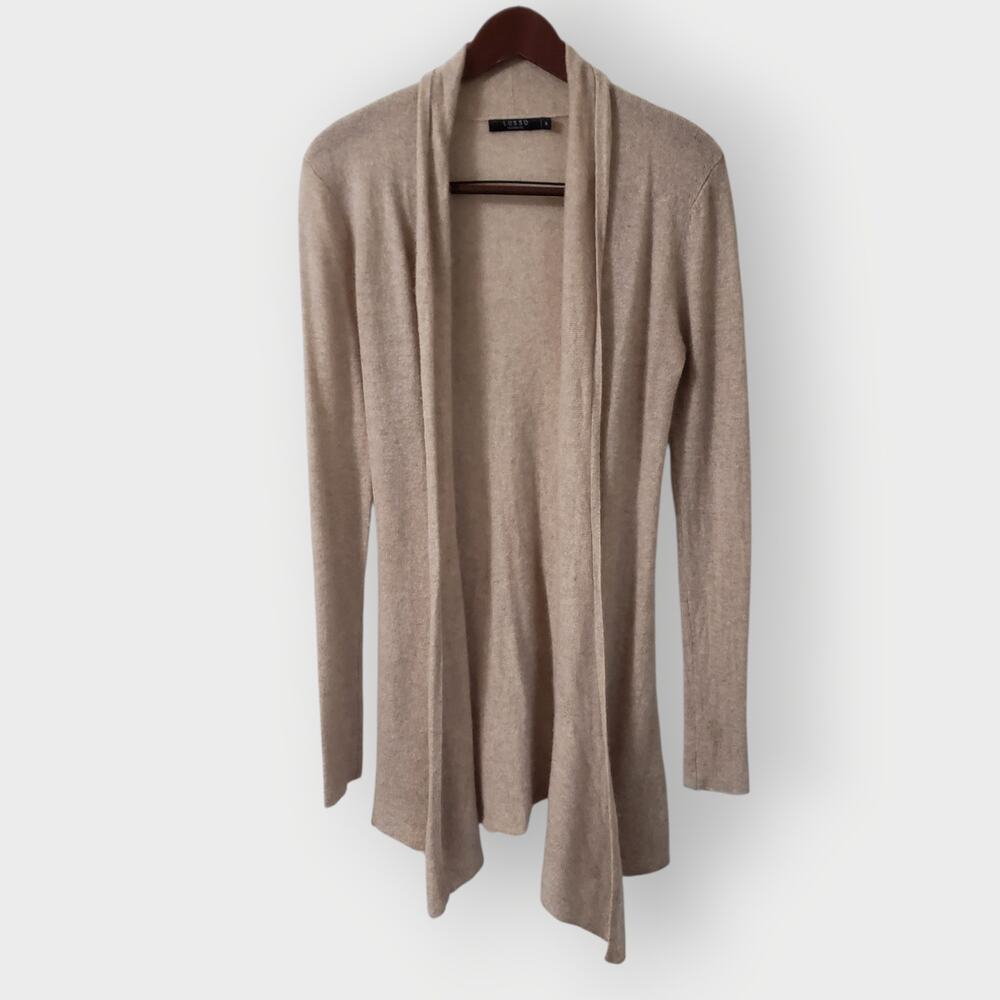 Lusso Cashmere Womens Open Front Cardigan Sweater‎ Oatmeal Sz Small *FLAW*